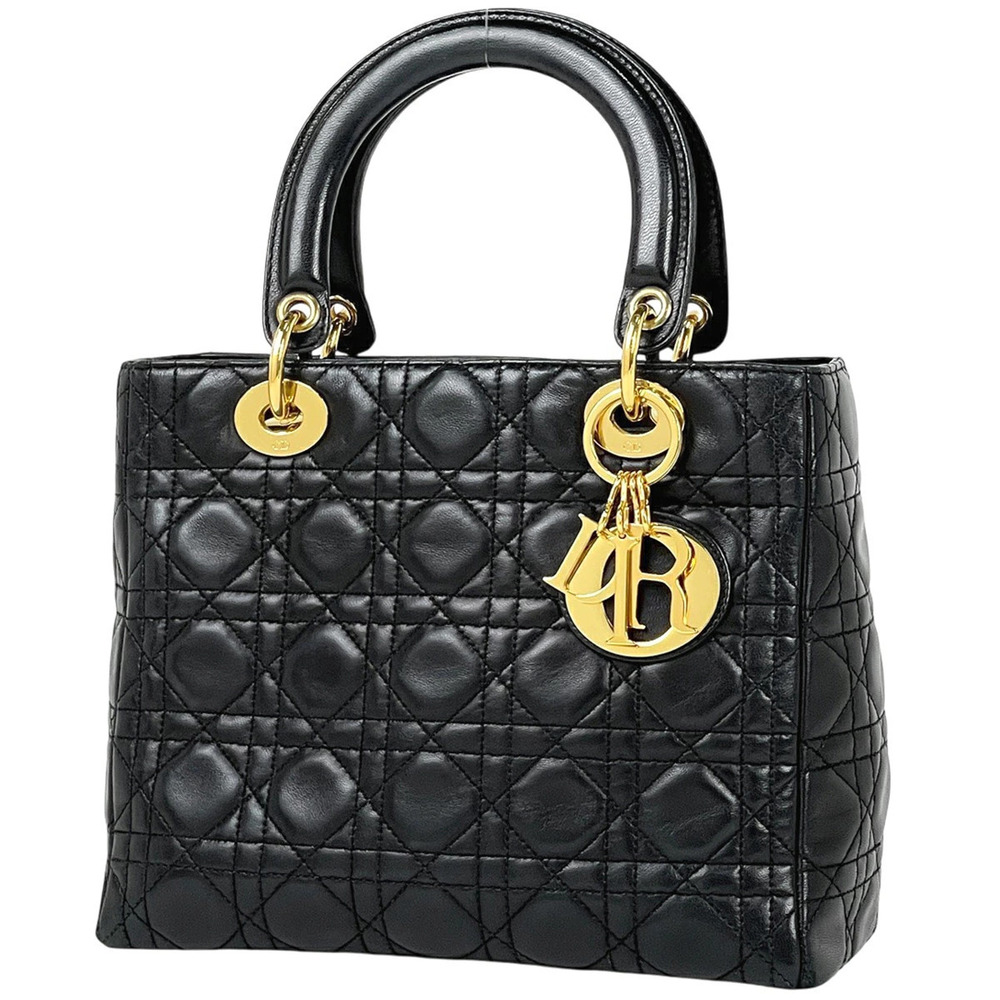 Christian Dior Lady Cannage Handbag Leather Black